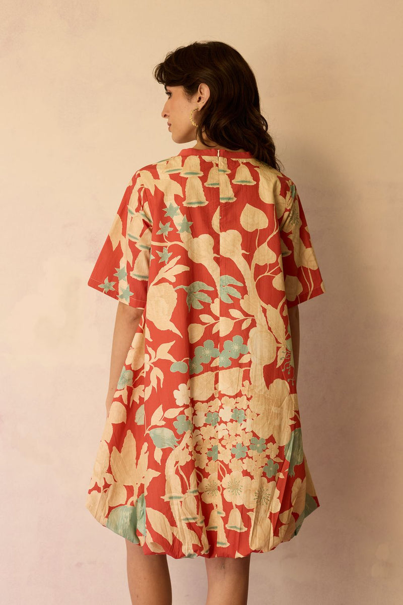 Hibiscus Anaar Bubble Mini Dress - Coral cotton by World of SiSa for women in Singapore