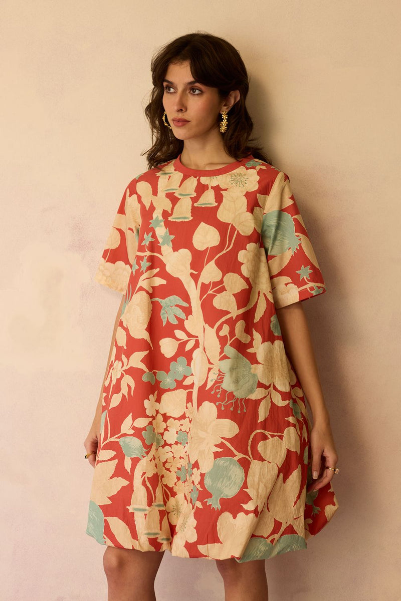 Hibiscus Anaar Bubble Mini Dress - Coral cotton by World of SiSa for women in Singapore