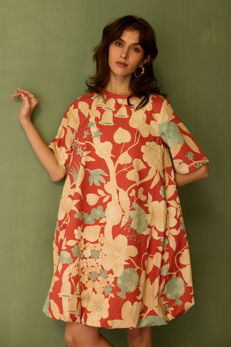 Hibiscus Anaar Bubble Mini Dress - Coral cotton by World of SiSa for women in Singapore
