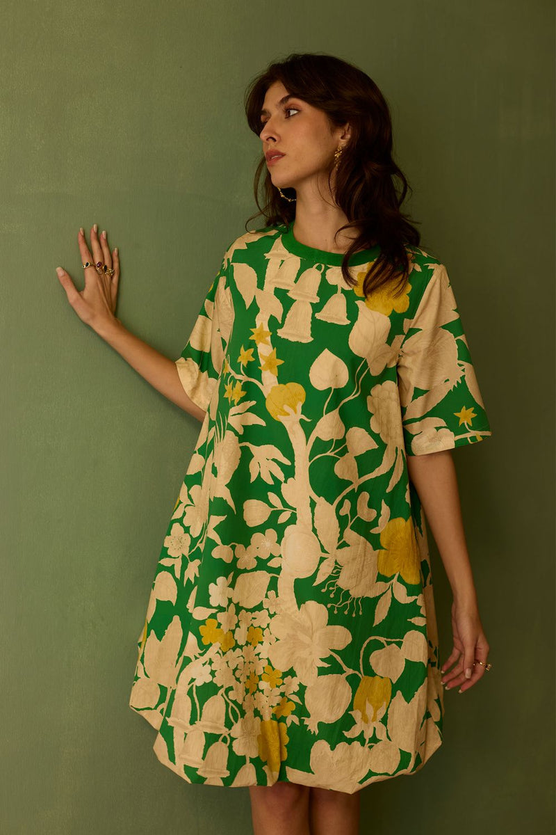 Hibiscus Anaar Bubble Mini Dress - Fern cotton by World of SiSa for women in Singapore