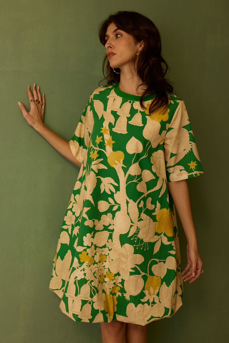 Hibiscus Anaar Bubble Mini Dress - Fern cotton by World of SiSa for women in Singapore