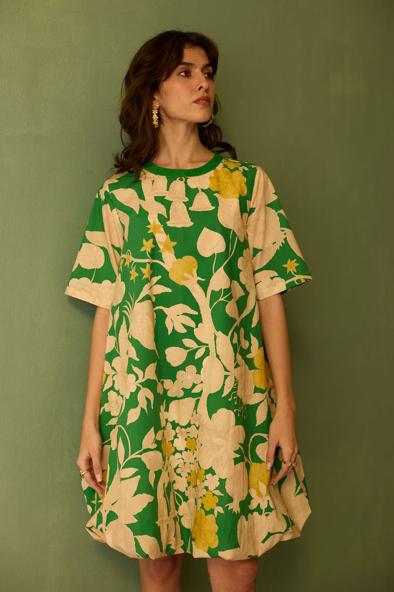 Hibiscus Anaar Bubble Mini Dress - Fern cotton by World of SiSa for women in Singapore