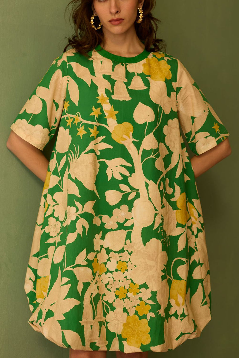 Hibiscus Anaar Bubble Mini Dress - Fern cotton by World of SiSa for women in Singapore
