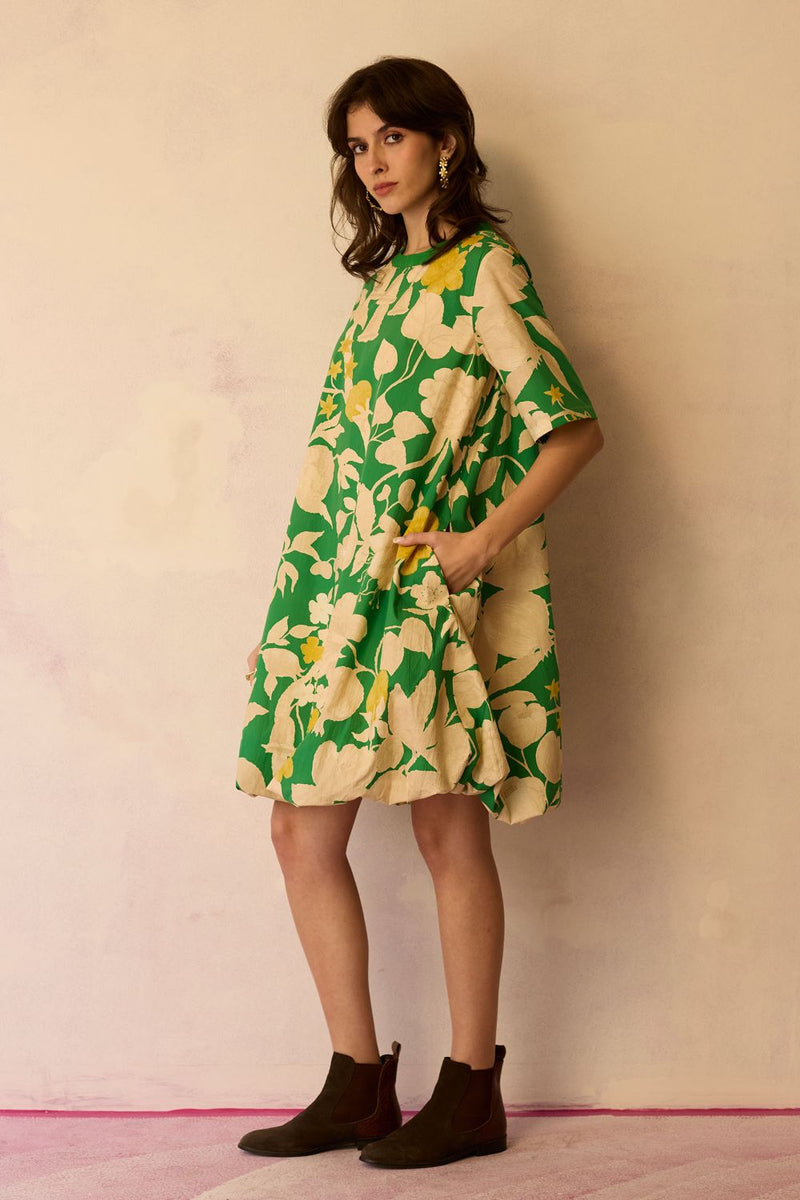 Hibiscus Anaar Bubble Mini Dress - Fern cotton by World of SiSa for women in Singapore