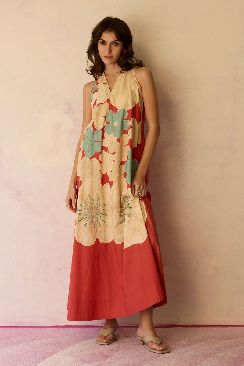 Hibiscus Anaar Soft Drape Maxi Dress - Coral cotton by World of SiSa for women in Singapore