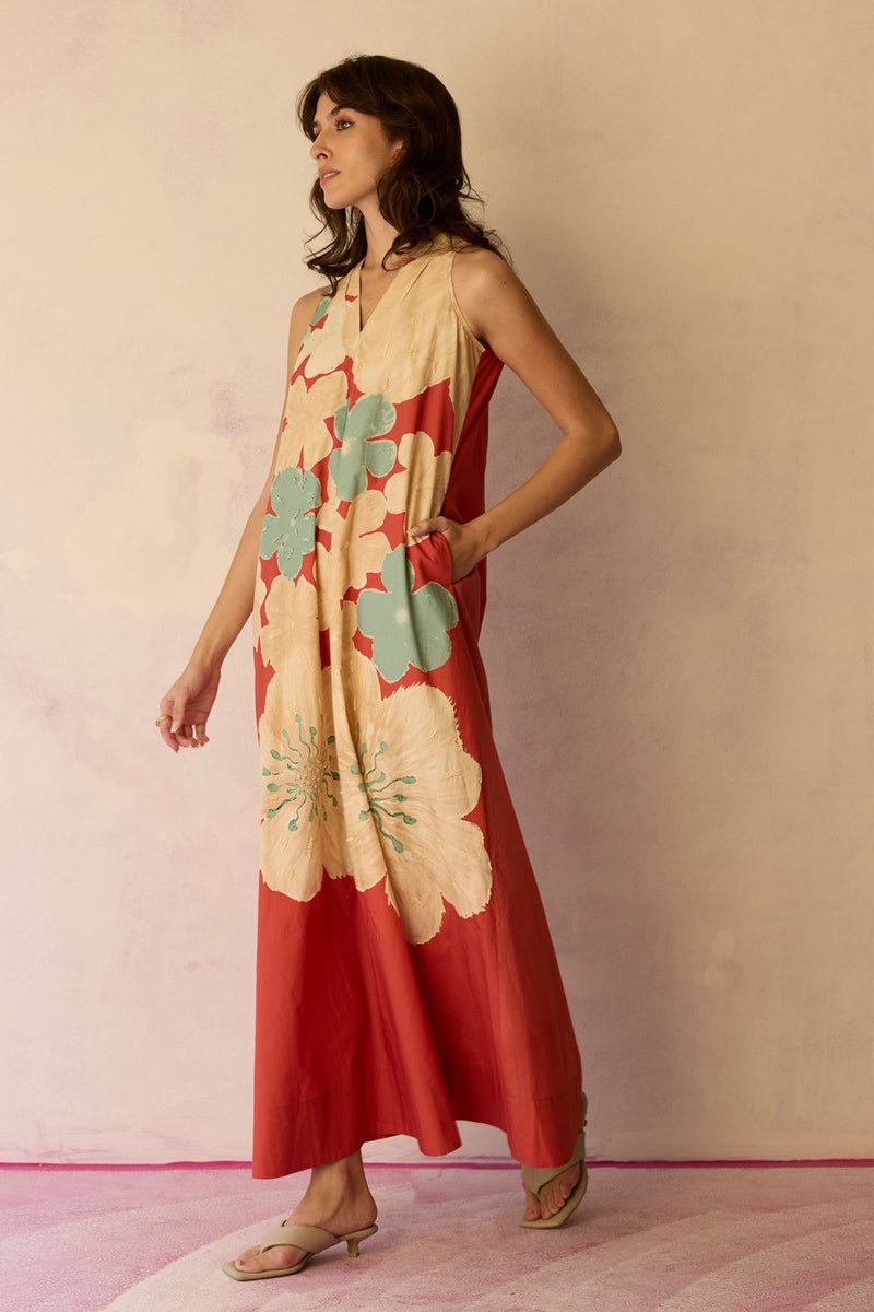 Hibiscus Anaar Soft Drape Maxi Dress - Coral cotton by World of SiSa for women in Singapore