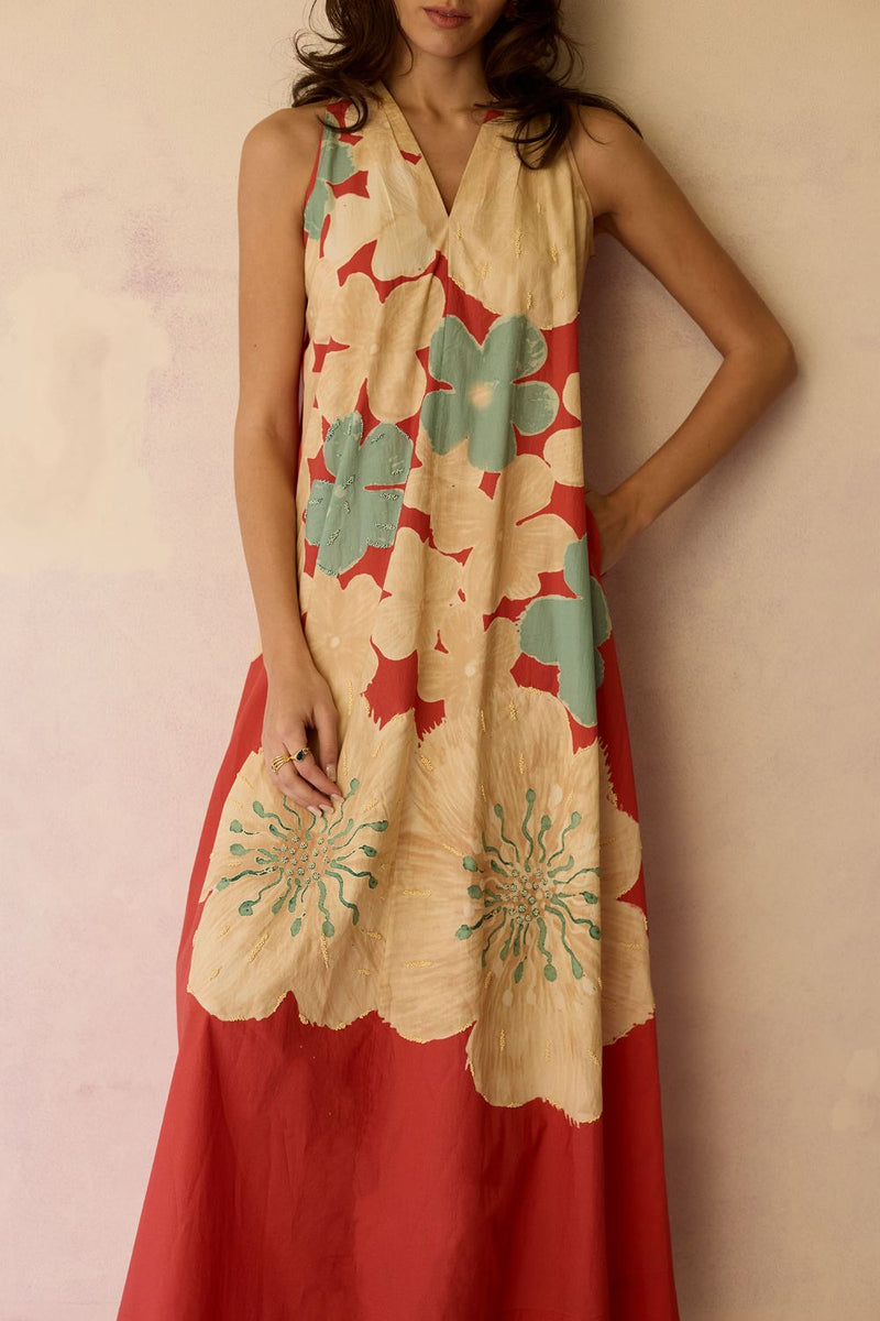 Hibiscus Anaar Soft Drape Maxi Dress - Coral cotton by World of SiSa for women in Singapore