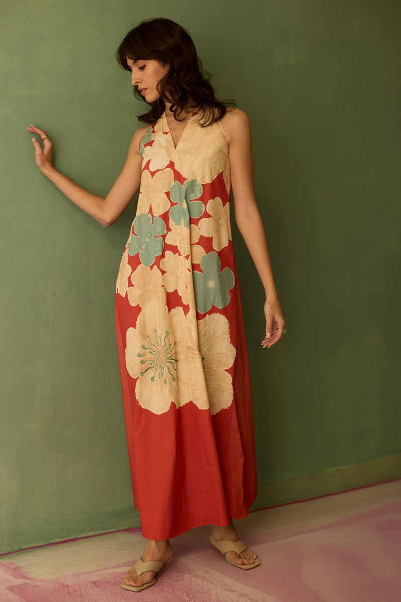 Hibiscus Anaar Soft Drape Maxi Dress - Coral cotton by World of SiSa for women in Singapore