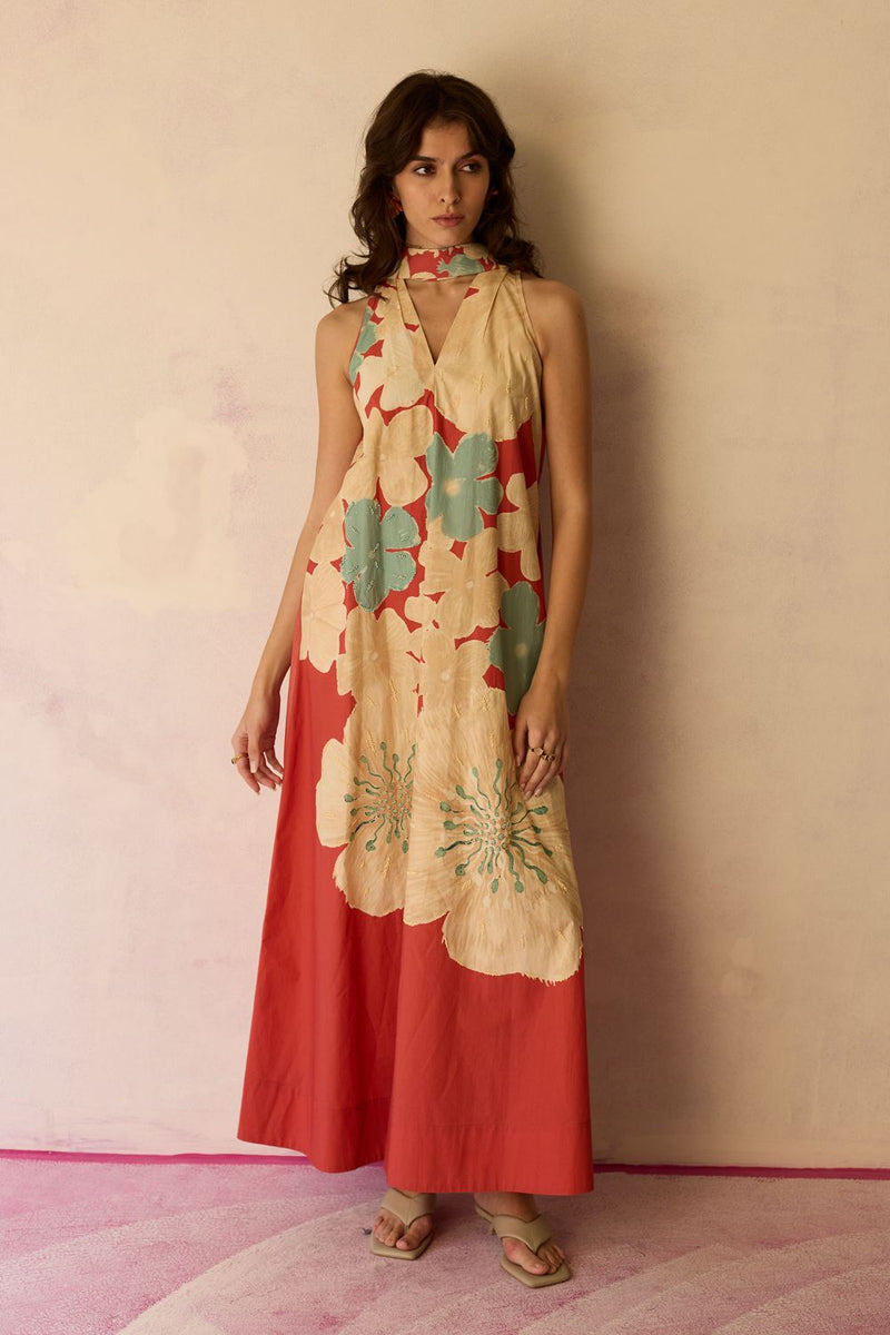 Hibiscus Anaar Soft Drape Maxi Dress - Coral cotton by World of SiSa for women in Singapore