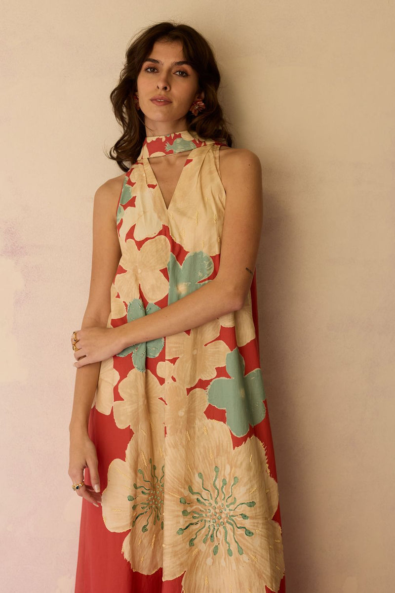 Hibiscus Anaar Soft Drape Maxi Dress - Coral cotton by World of SiSa for women in Singapore