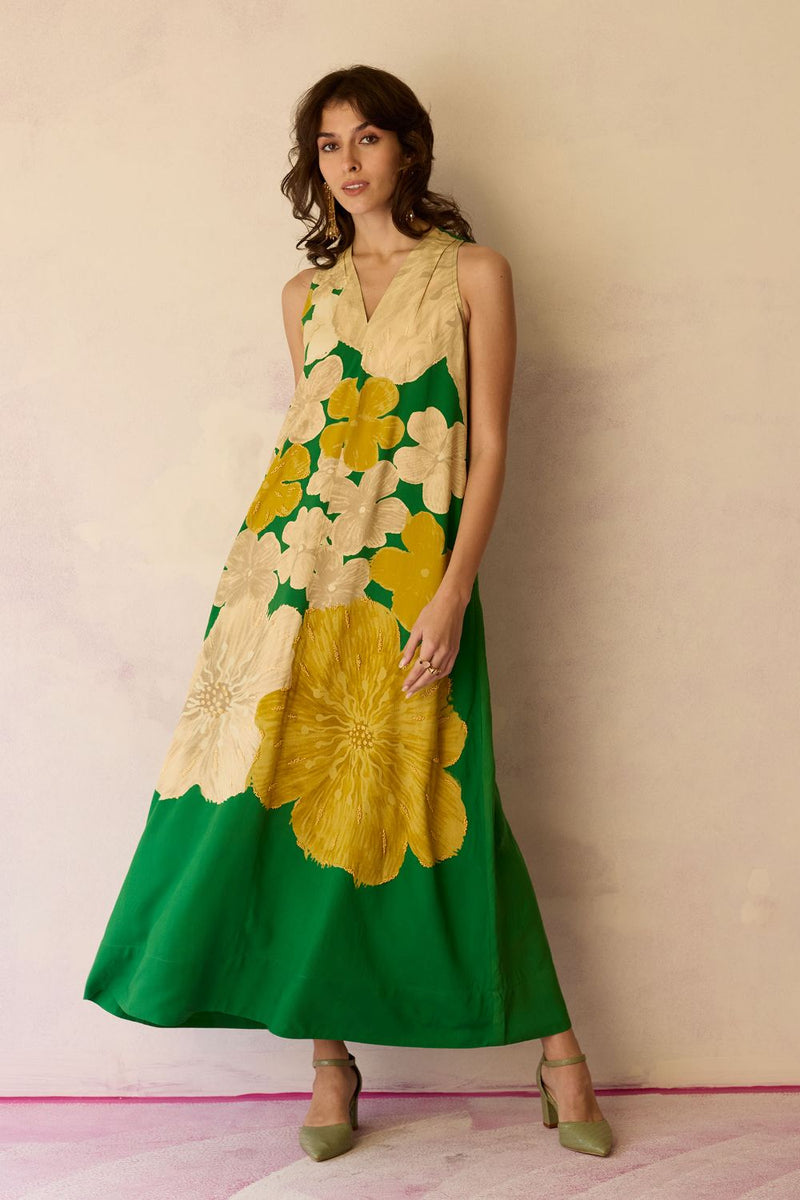Hibiscus Anaar Soft Drape Maxi Dress - Fern cotton by World of SiSa for women in Singapore