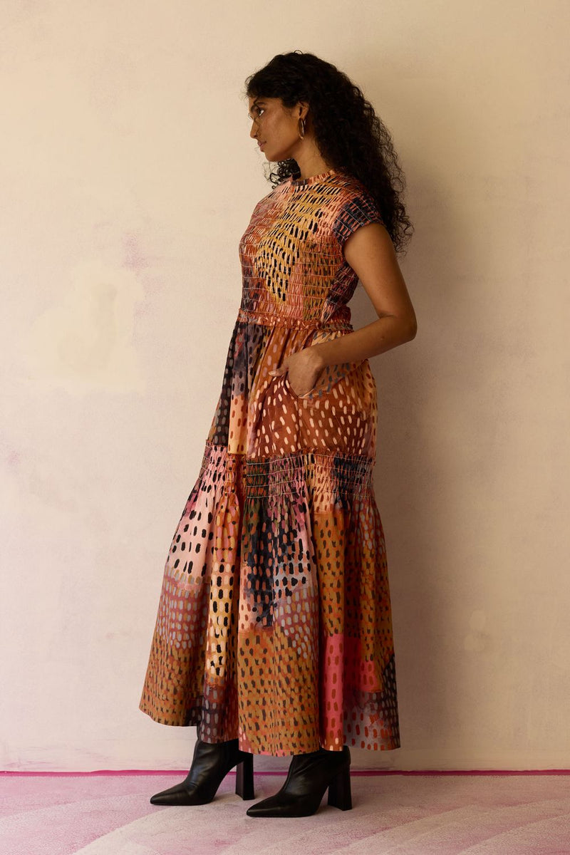 Ember Hand-Painted Tiered Maxi Dress cotton by World of SiSa for women in Singapore