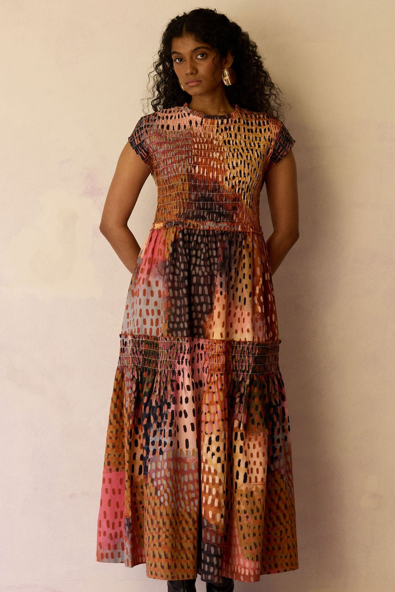 Ember Hand-Painted Tiered Maxi Dress cotton by World of SiSa for women in Singapore