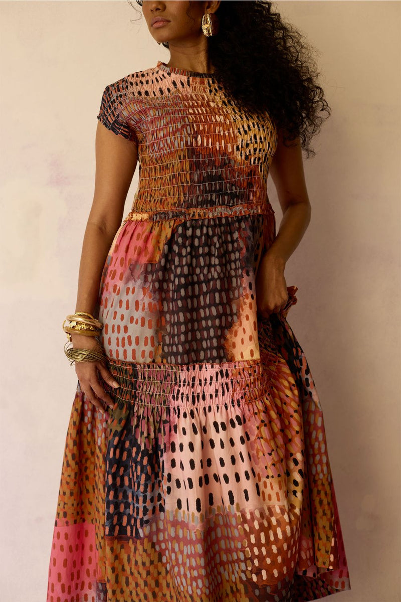 Ember Hand-Painted Tiered Maxi Dress cotton by World of SiSa for women in Singapore