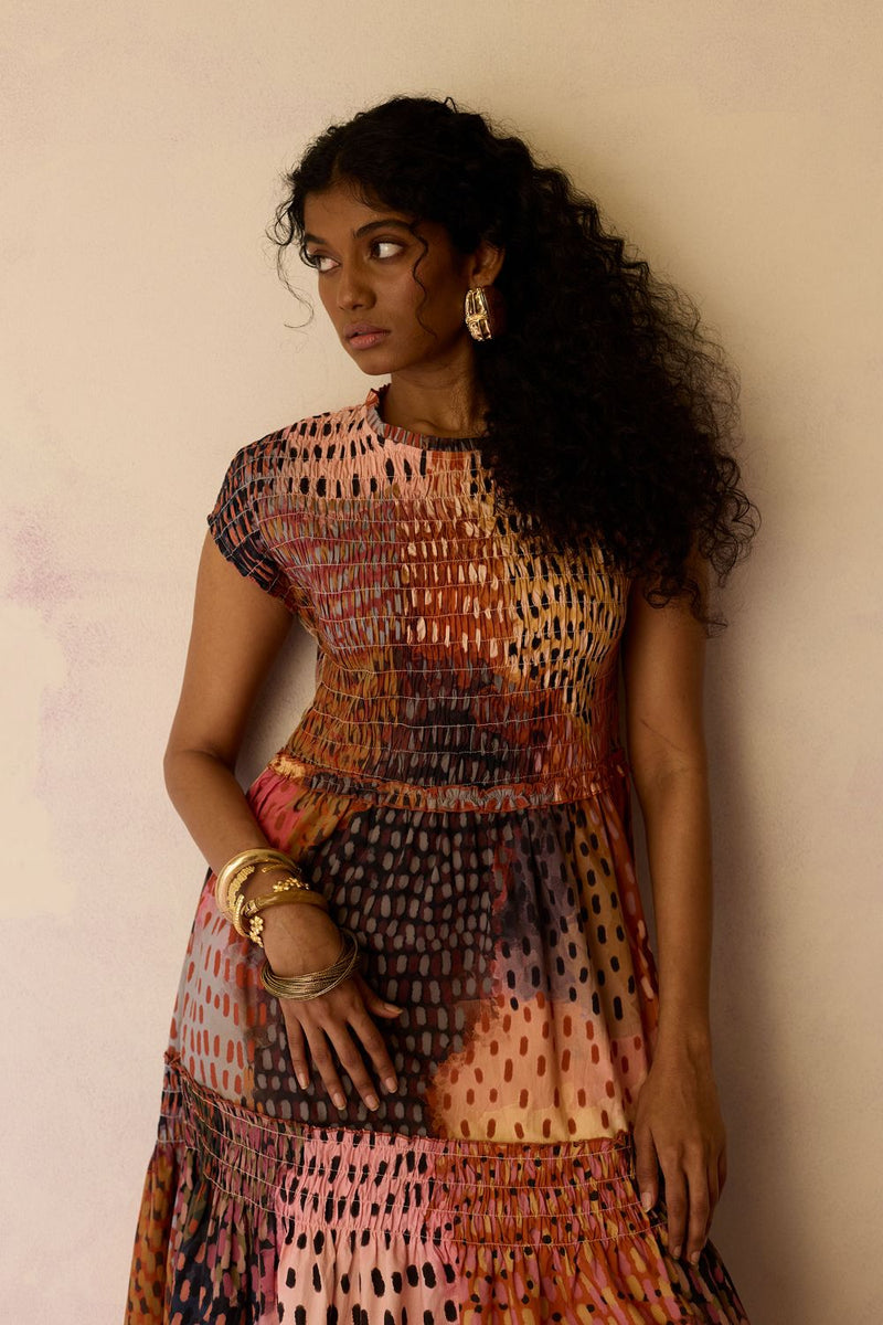 Ember Hand-Painted Tiered Maxi Dress cotton by World of SiSa for women in Singapore