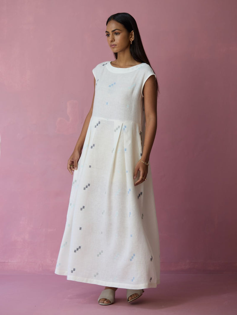 Zaha Cap Sleeve Jamdani Linen Dress - Ivory