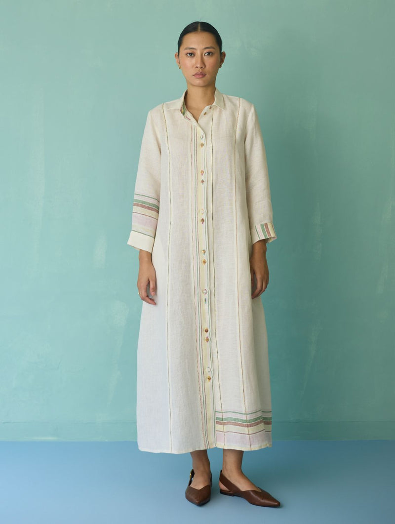 Manara Paneled Border Linen Shirt Dress - Ivory linen dress by Manan in ivory for women in Singapore