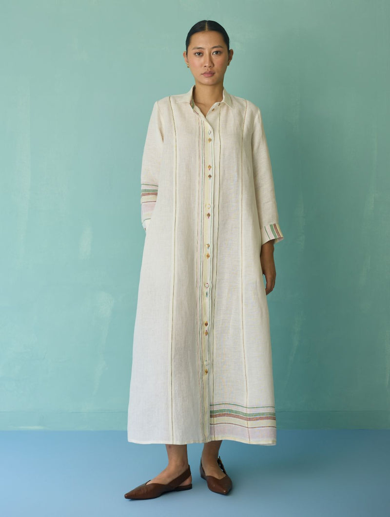 Manara Paneled Border Linen Shirt Dress - Ivory linen dress by Manan in ivory for women in Singapore