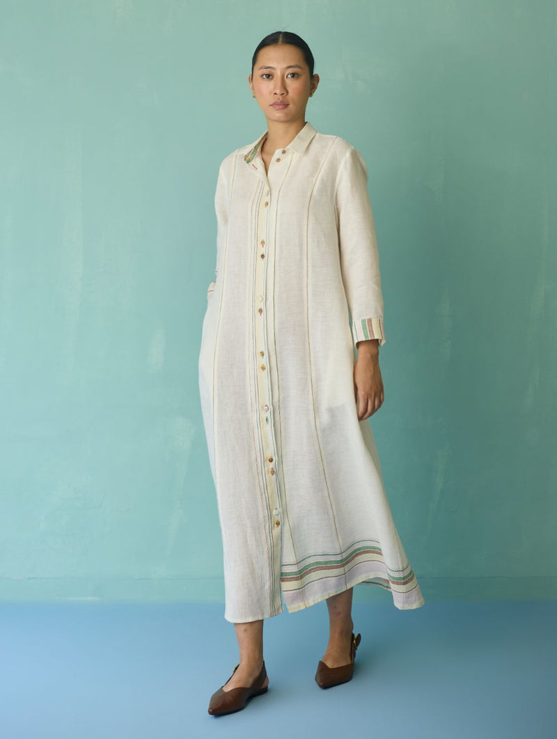 Manara Paneled Border Linen Shirt Dress - Ivory linen dress by Manan in ivory for women in Singapore