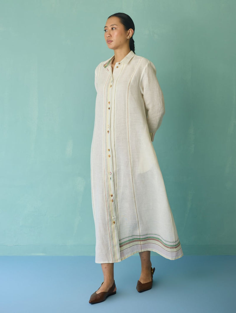 Manara Paneled Border Linen Shirt Dress - Ivory linen dress by Manan in ivory for women in Singapore