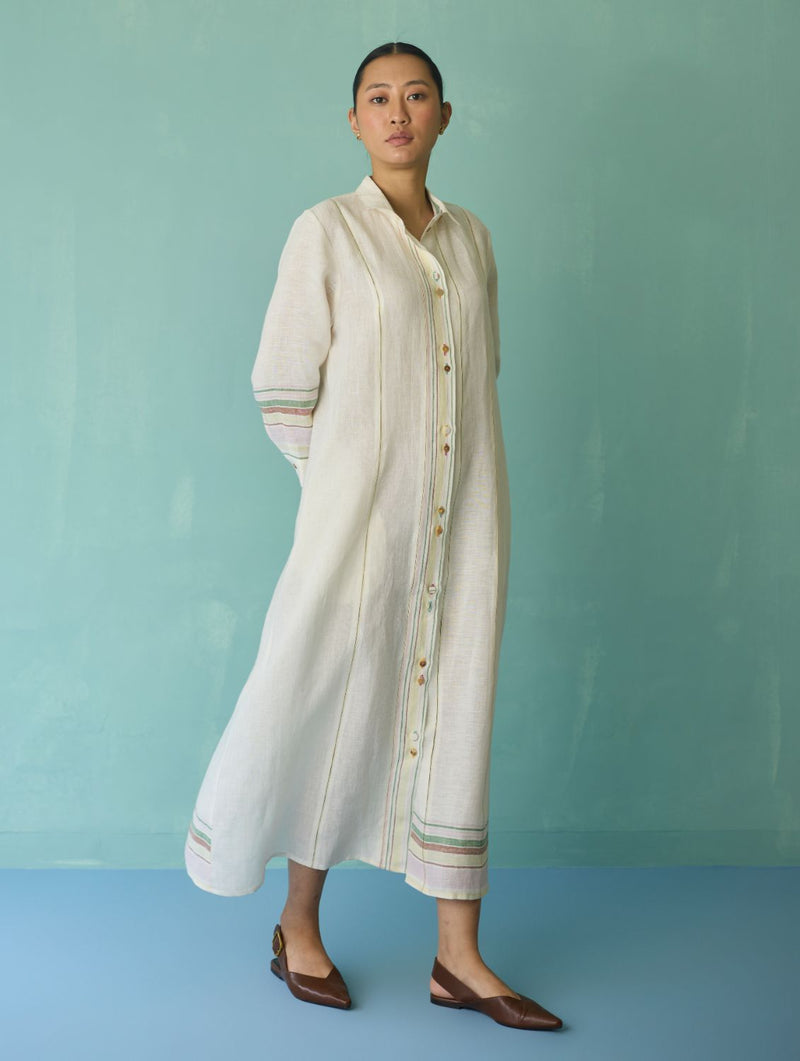 Manara Paneled Border Linen Shirt Dress - Ivory linen dress by Manan in ivory for women in Singapore