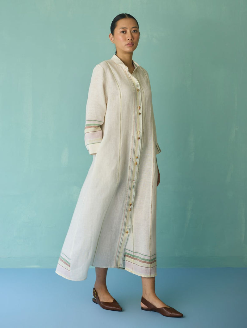 Manara Paneled Border Linen Shirt Dress - Ivory linen dress by Manan in ivory for women in Singapore