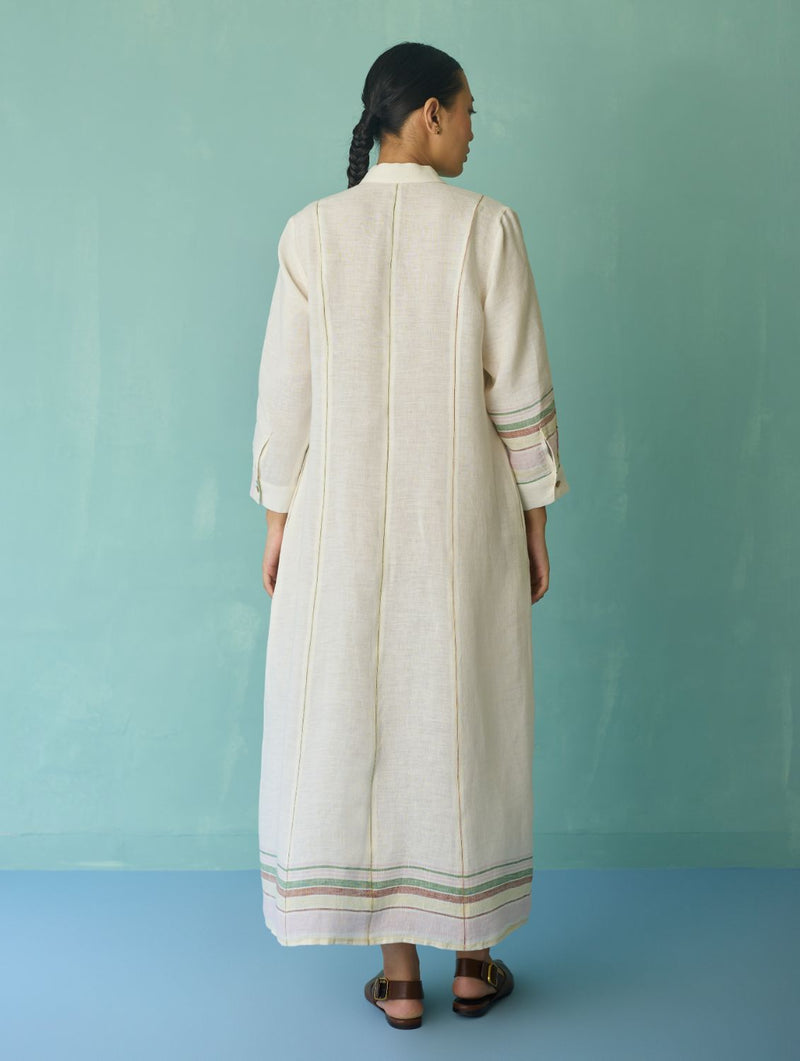 Manara Paneled Border Linen Shirt Dress - Ivory linen dress by Manan in ivory for women in Singapore