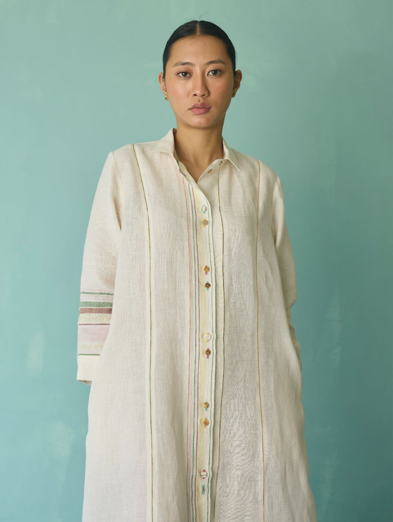 Manara Paneled Border Linen Shirt Dress - Ivory linen dress by Manan in ivory for women in Singapore