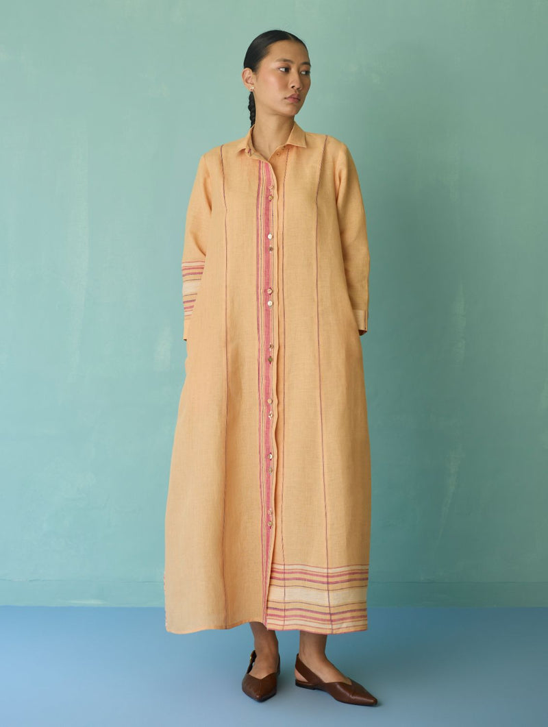 Manara Paneled Border Linen Shirt Dress - Apricot linen dress by Manan in apricot for women in Singapore