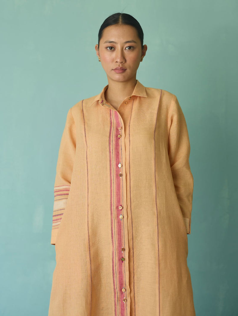 Manara Paneled Border Linen Shirt Dress - Apricot linen dress by Manan in apricot for women in Singapore