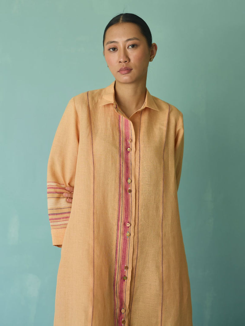 Manara Paneled Border Linen Shirt Dress - Apricot linen dress by Manan in apricot for women in Singapore