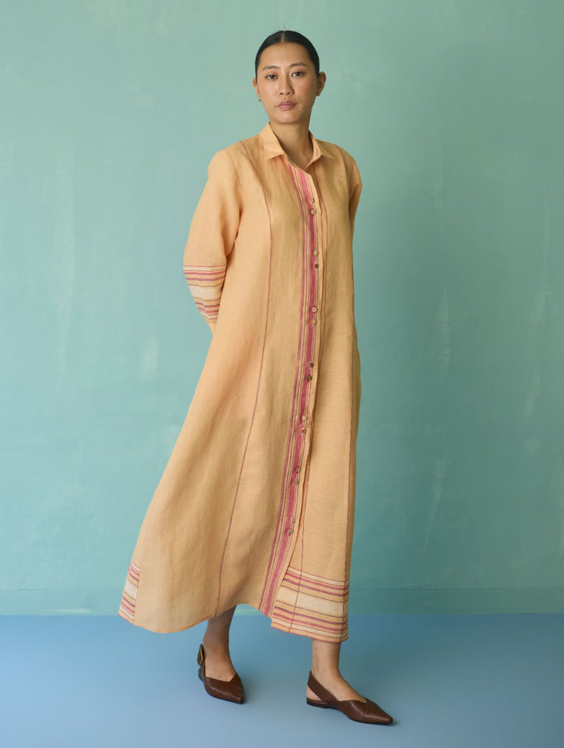 Manara Paneled Border Linen Shirt Dress - Apricot linen dress by Manan in apricot for women in Singapore