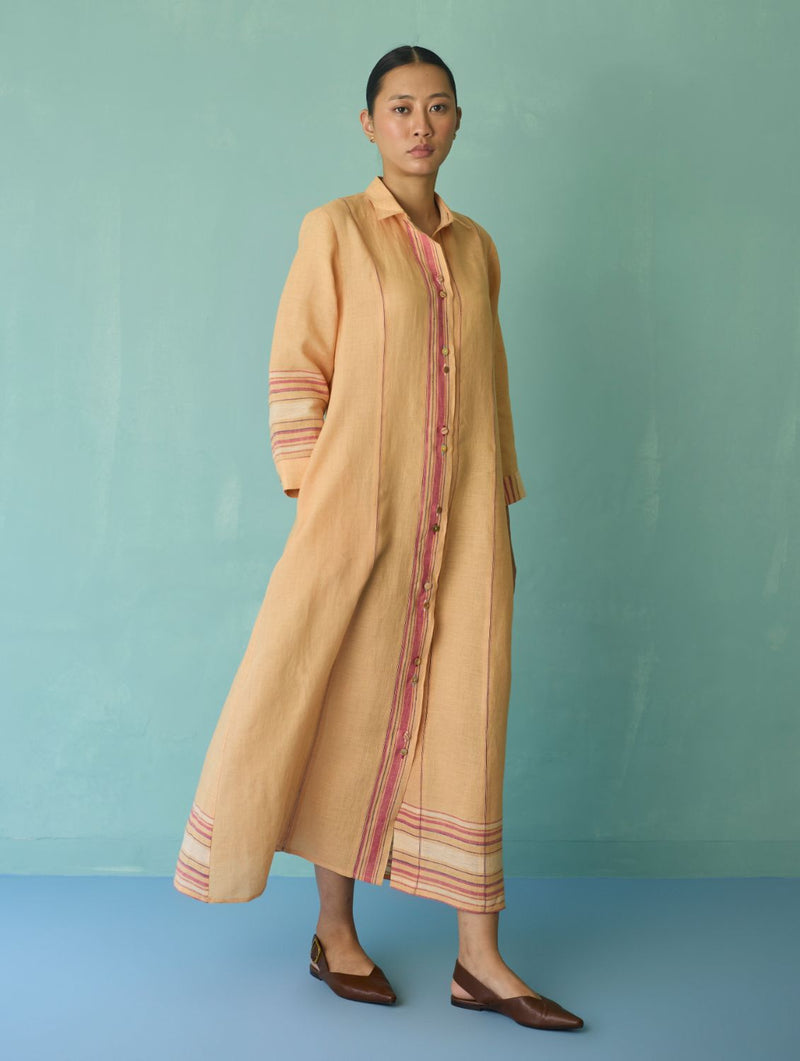 Manara Paneled Border Linen Shirt Dress - Apricot linen dress by Manan in apricot for women in Singapore