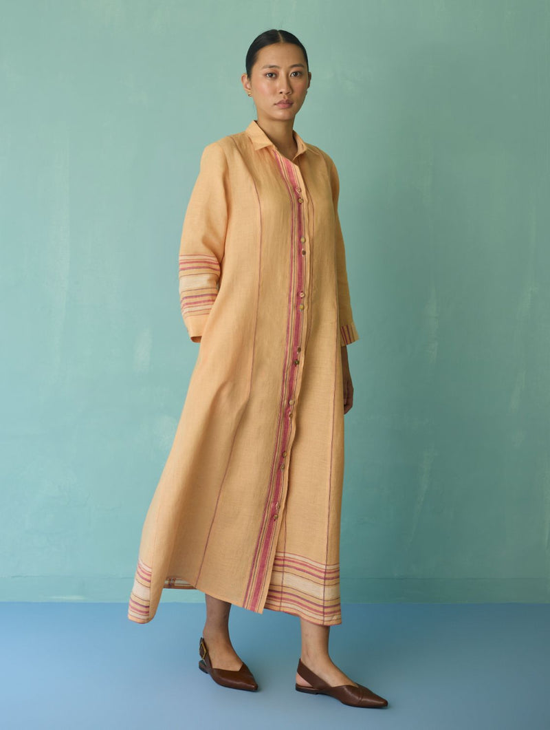 Manara Paneled Border Linen Shirt Dress - Apricot linen dress by Manan in apricot for women in Singapore