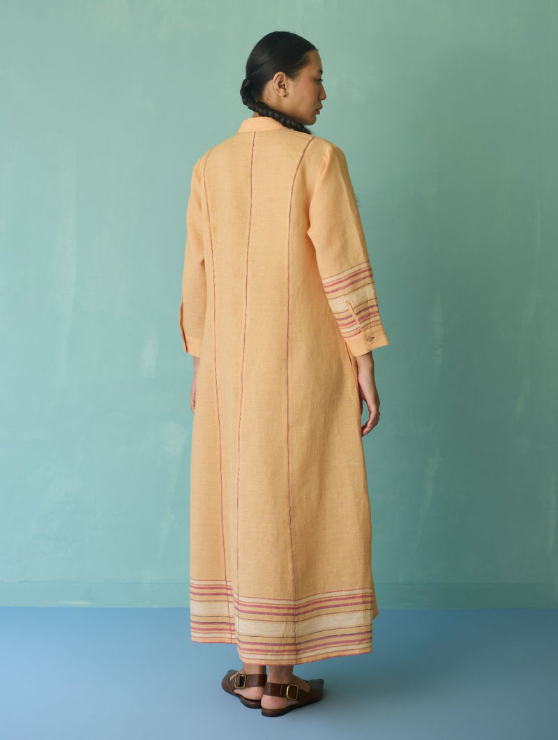 Manara Paneled Border Linen Shirt Dress - Apricot linen dress by Manan in apricot for women in Singapore