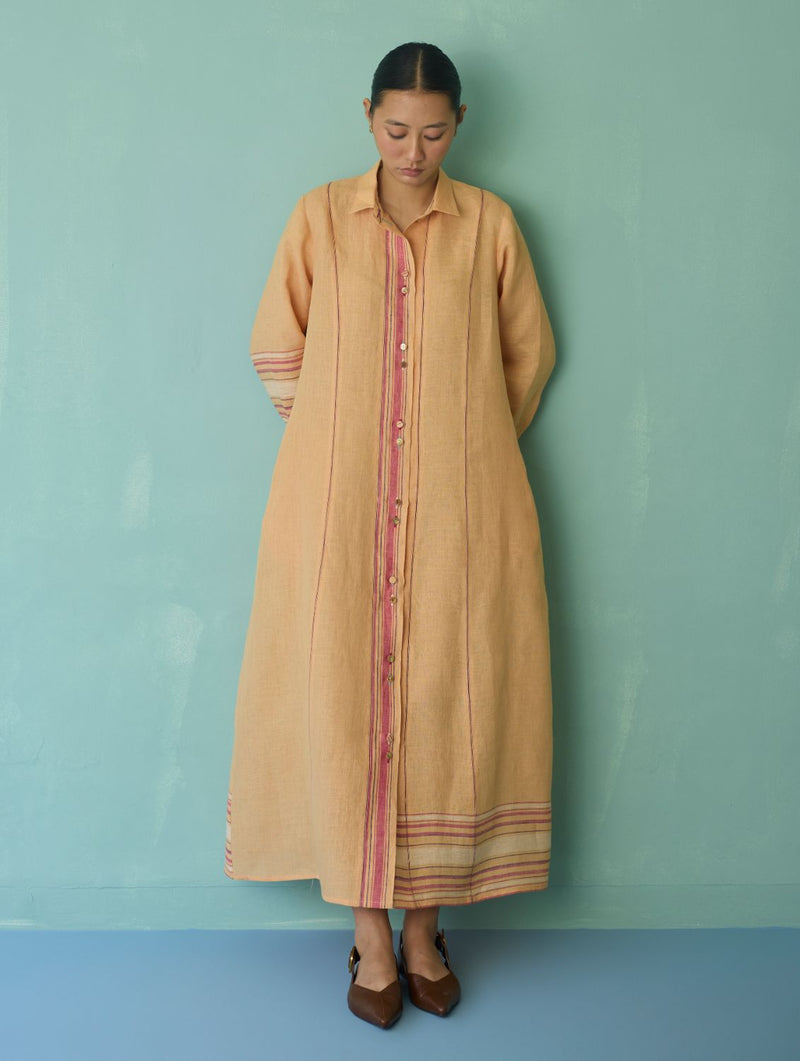 Manara Paneled Border Linen Shirt Dress - Apricot linen dress by Manan in apricot for women in Singapore