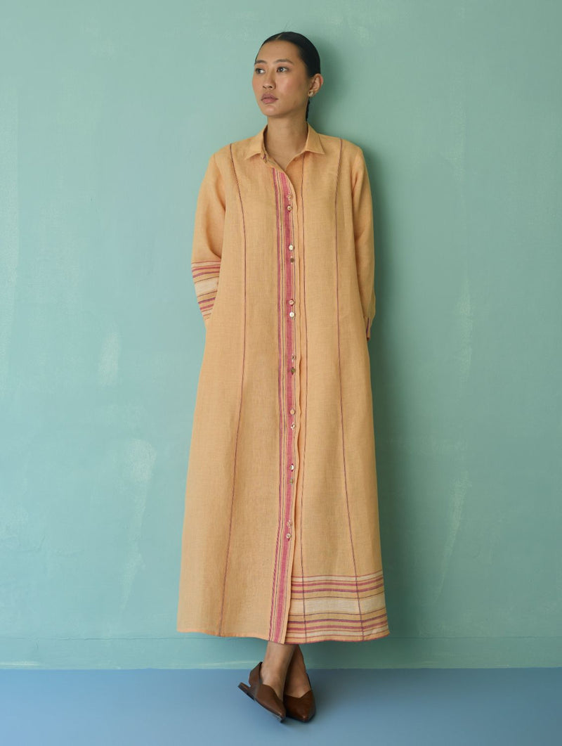Manara Paneled Border Linen Shirt Dress - Apricot linen dress by Manan in apricot for women in Singapore