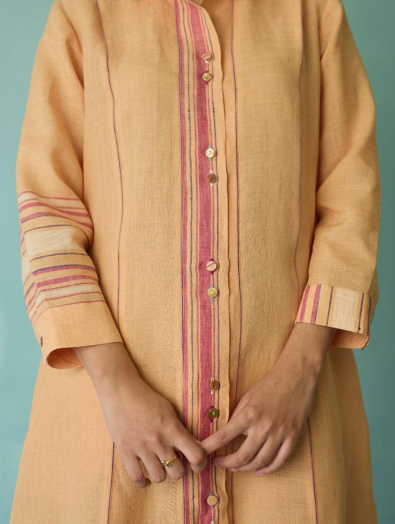 Manara Paneled Border Linen Shirt Dress - Apricot linen dress by Manan in apricot for women in Singapore
