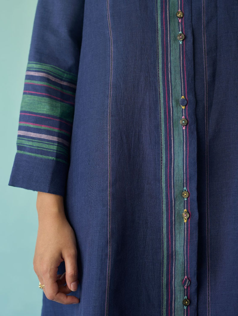 Manara Paneled Border Linen Shirt Dress - Indigo linen dress by Manan in navy for women in Singapore