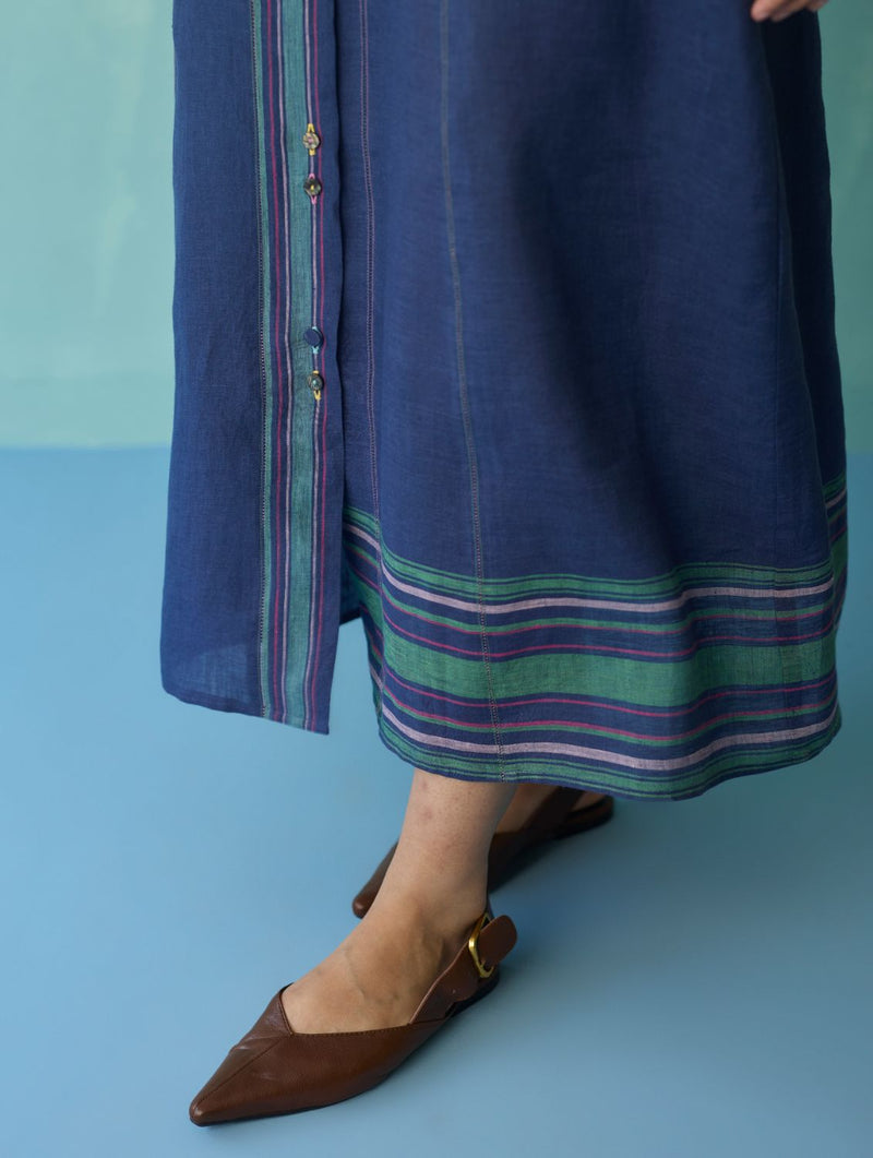 Manara Paneled Border Linen Shirt Dress - Indigo linen dress by Manan in navy for women in Singapore