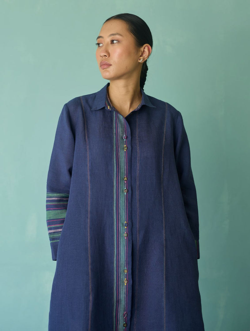 Manara Paneled Border Linen Shirt Dress - Indigo linen dress by Manan in navy for women in Singapore