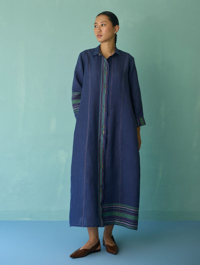Manara Paneled Border Linen Shirt Dress - Indigo linen dress by Manan in navy for women in Singapore