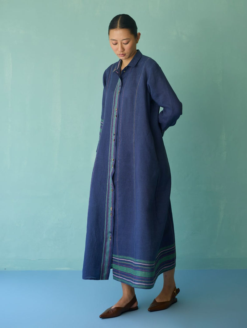 Manara Paneled Border Linen Shirt Dress - Indigo linen dress by Manan in navy for women in Singapore
