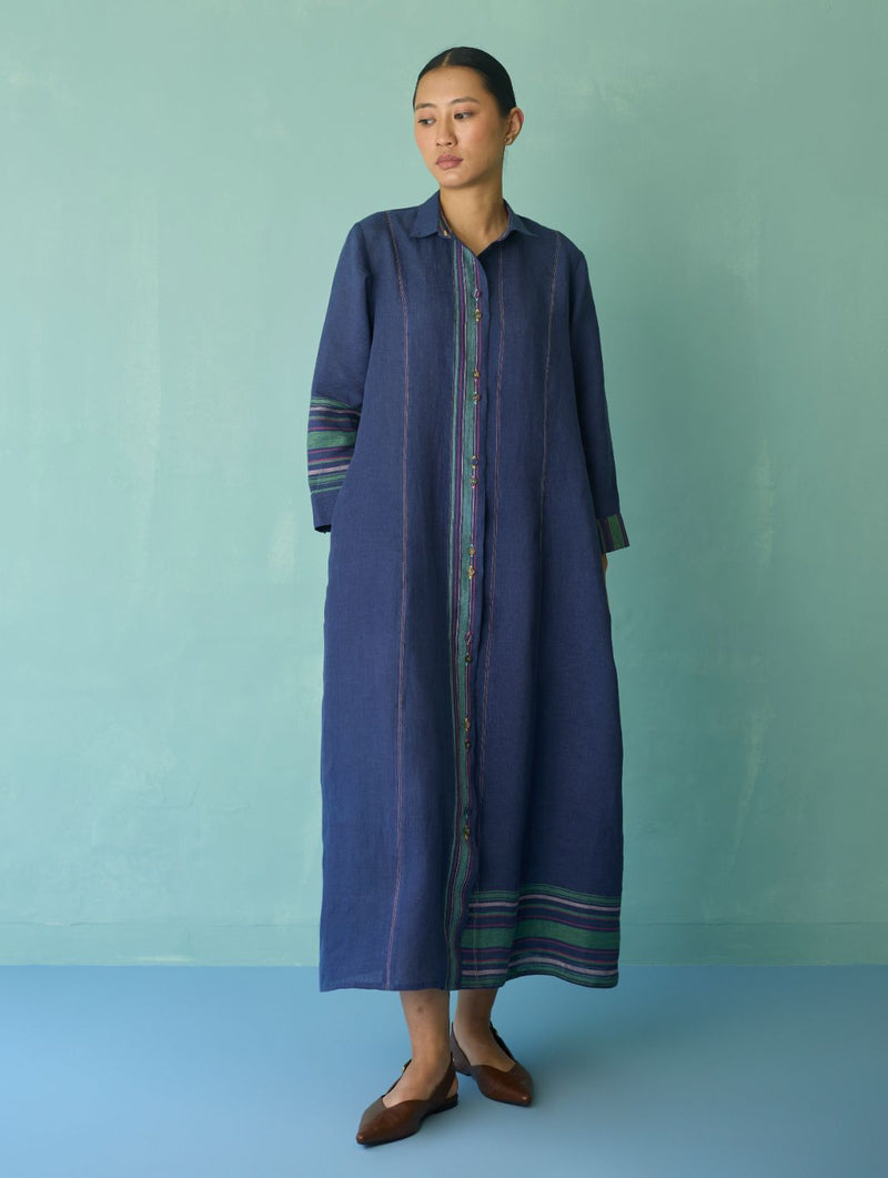 Manara Paneled Border Linen Shirt Dress - Indigo linen dress by Manan in navy for women in Singapore