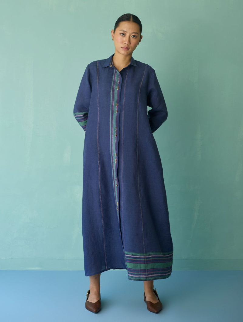 Manara Paneled Border Linen Shirt Dress - Indigo linen dress by Manan in navy for women in Singapore