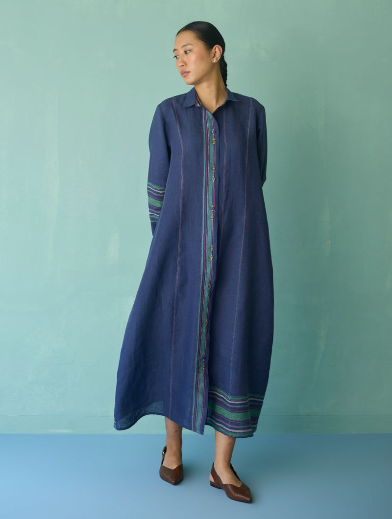 Manara Paneled Border Linen Shirt Dress - Indigo linen dress by Manan in navy for women in Singapore