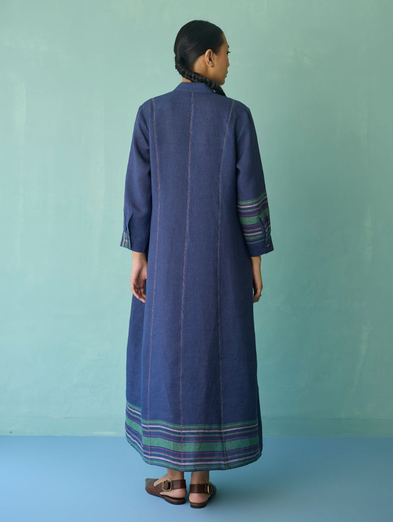Manara Paneled Border Linen Shirt Dress - Indigo linen dress by Manan in navy for women in Singapore