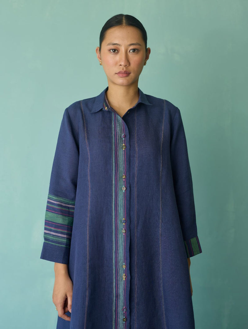 Manara Paneled Border Linen Shirt Dress - Indigo linen dress by Manan in navy for women in Singapore