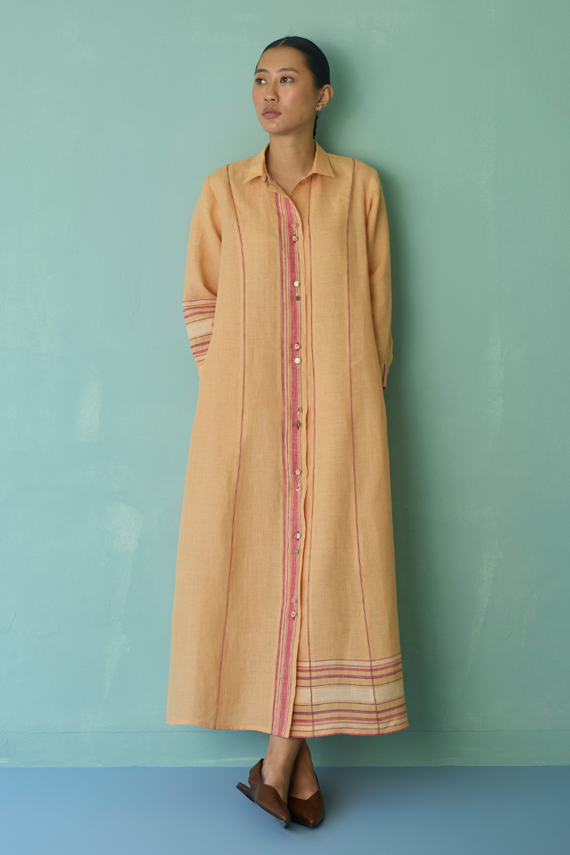 Manara Paneled Border Linen Shirt Dress - Apricot linen dress by Manan in apricot for women in Singapore