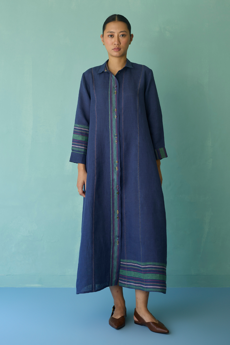 Manara Paneled Border Linen Shirt Dress - Indigo linen dress by Manan in navy for women in Singapore